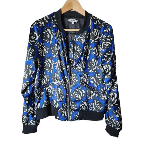 X by GOTTEX Blue Black White Floral Satin Y2K 90s Bomber Jacket SZ S - Picture 1 of 10